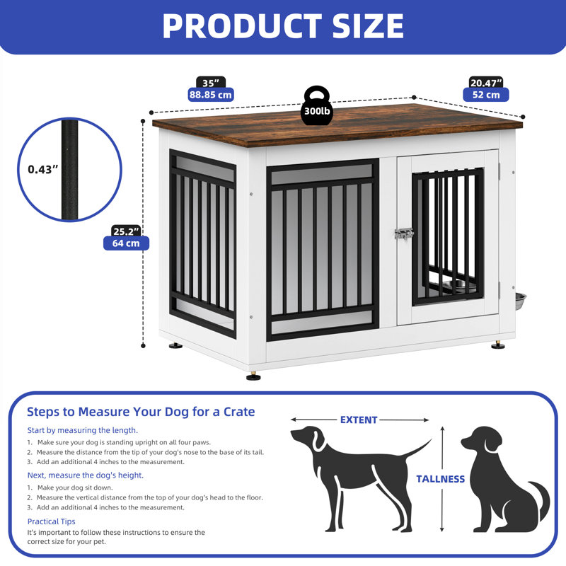 Meuble en bois pour cage de chien avec bols à nourriture double, H 25,2 po x l 35 po x P 20,47 po