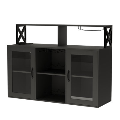 Multi-Functional Wine Cabinet with LED Lighting, Wine Racks, Glass Storage, Power Hub & Tool Organization for Kitchen or Dining Room