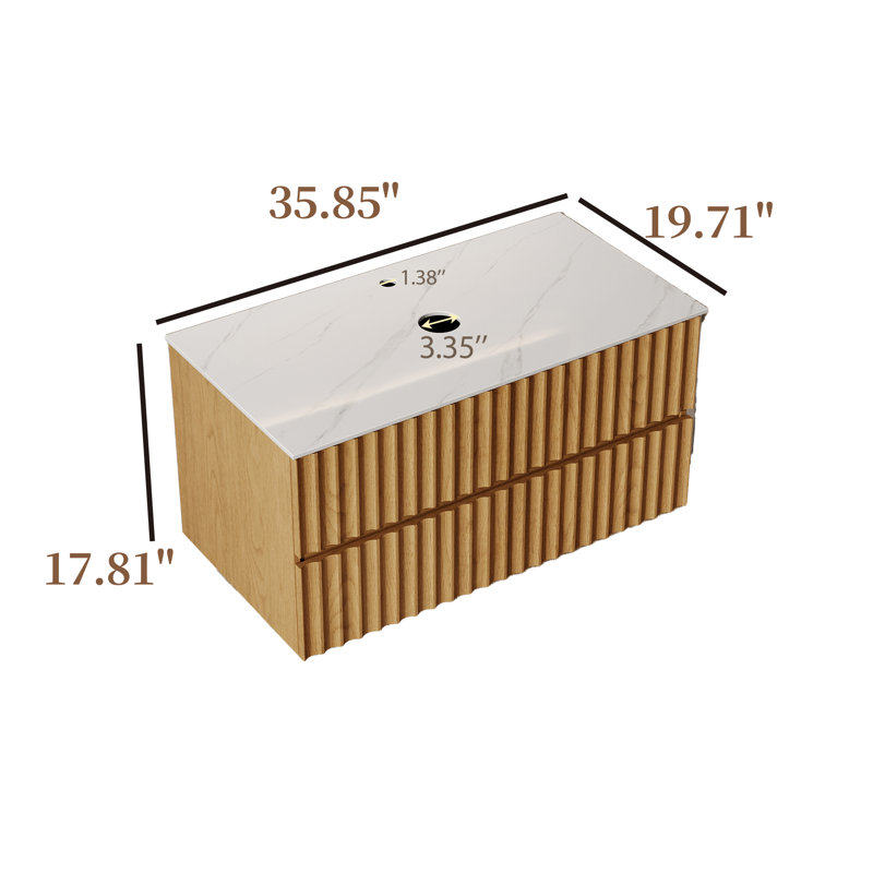 Base de meuble-lavabo simple 36 po seulement, base de meuble-lavabo en bois clair avec plateau en pierre frittée blanche, sans lavabo