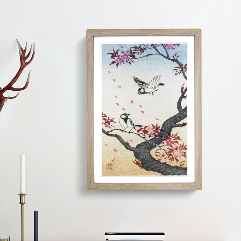Two Great Tits on Blossom Tree by Ohara Koson - Framed Print, Oak Framed, 65cm H x 48cm W x 2cm D