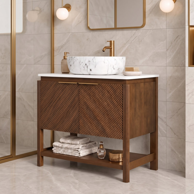 Meuble-lavabo autoportant 36 po avec portes 3D texturées Linea, Rectangle, L 36 po