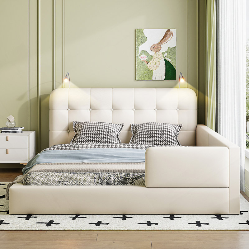 Grand lit plateforme tapissier avec 2 lampes de lecture