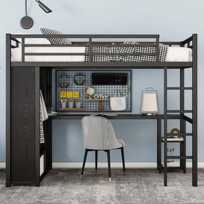 Structure de lit mezzanine avec garde-robe intégrée, lit mezzanine en métal avec bureau et tablettes de rangement