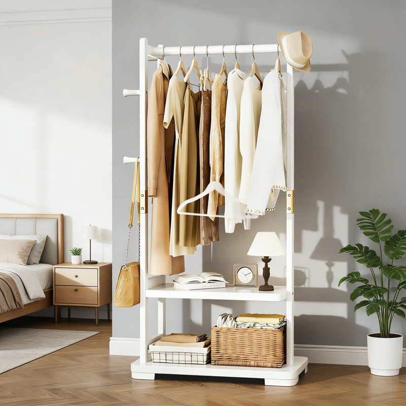Portant à vêtements autoportant en bois massif avec 2 tablettes de rangement et 4 crochets, portemanteau robuste et portemanteau pour la chambre à coucher, le salon et le vestibule