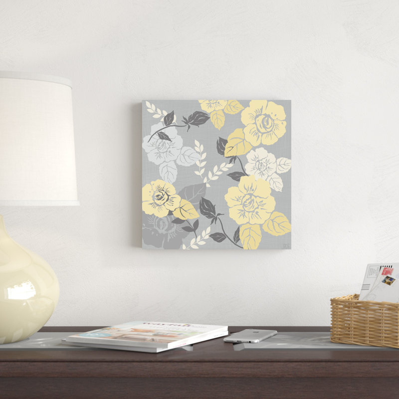 Roses jaunes sur fond gris II, H 12 po x l 12 po x P 1,25 po