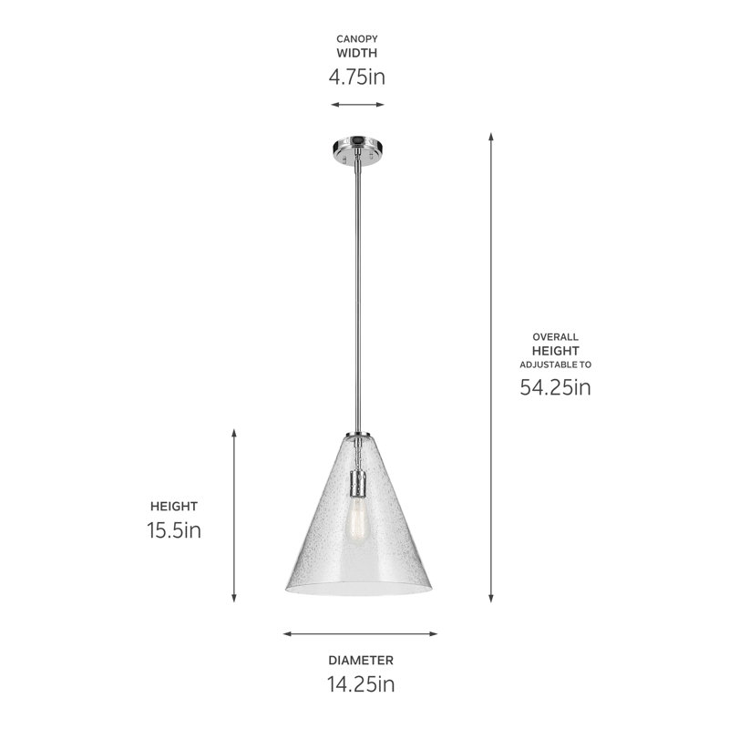 Luminaire suspendu conique 1 lumière 15,5 po avec verre bullé transparent, Chrome