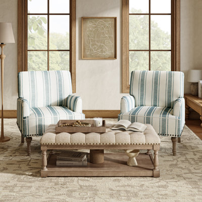 Arching Clymer Farmhouse 3-Piece Living Room Set With Ottoman And Accent Chairs-LINEN