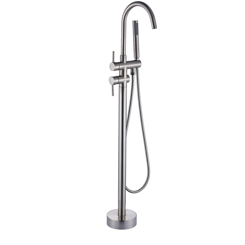 Robinet de baignoire pour salle de bain à poignée simple avec douche à main, fixation au sol, tuyau de 59 po en nickel brossé autoportant, forme courbée, finition