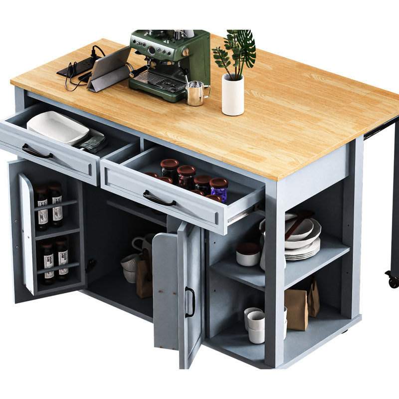 47.2" X 19.7" Extendable Kitchen Island, Rubber Wood Veneer, Adjustable Shelves, Power Outlet, 6+2 Wheels, Soft - Close Hinges Island With Dining Table, Internal Storage, 2 Ac Outlets, 1 , Type C,