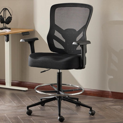 Black Drafting Chair - Tall Mesh Ergonomic Office Chair For Standing Desks With 3D Armrests, Adjustable Lumbar Support & Footrest Ring