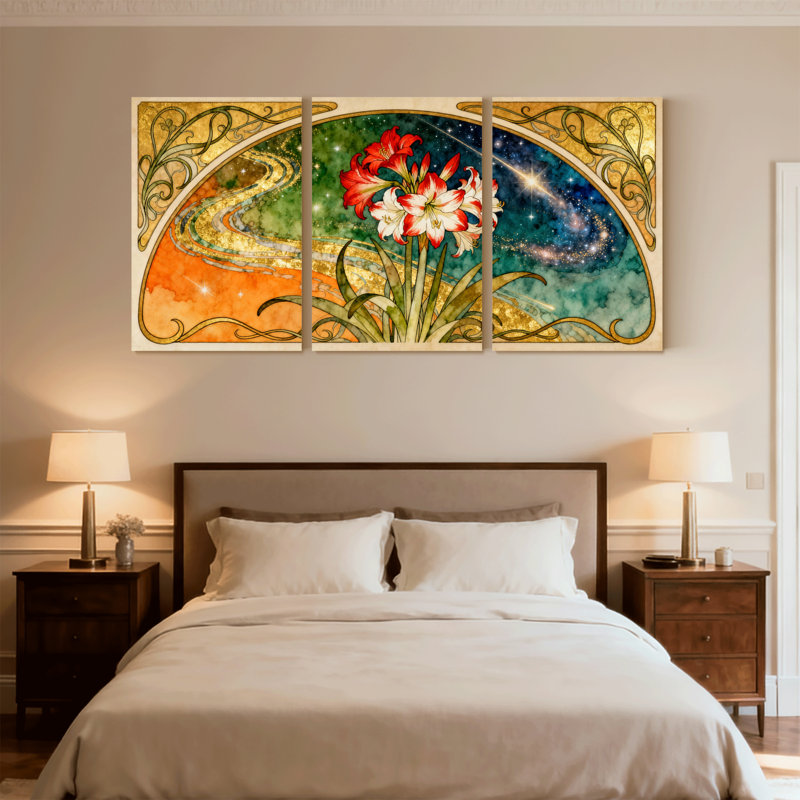 Floral et cosmique, ensemble de 3 reproductions d'art sur toile, H 18 po x l 36 po