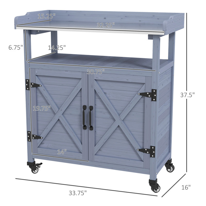 Outsunny Outdoor Potting Bench, Wooden Potting Table with Storage Cabinet, Aluminum Table Top, Rubber Wheels for Backyard, Patio, Balcony, Gray