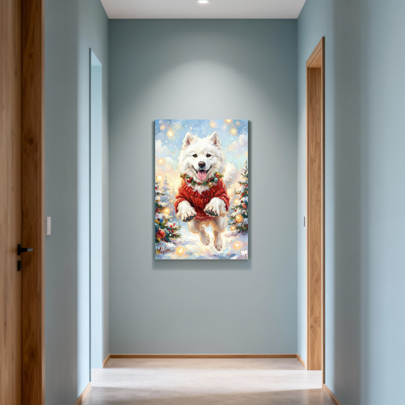 Animaux, chien blanc dans un chandail rouge, scène de Noël, H 18 po x l 12 po