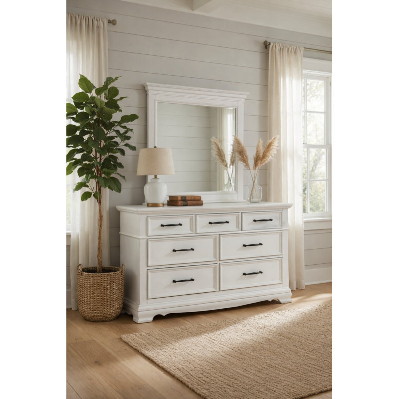 Yal Wide Dresser, 7 Drawers W Black Nickel Bar Handles, White Finish