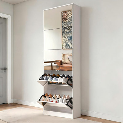 Modern Sleek 5-tier Flip-down Shoe Cabinet With Mirror Door & Double-layer Plastic Racks