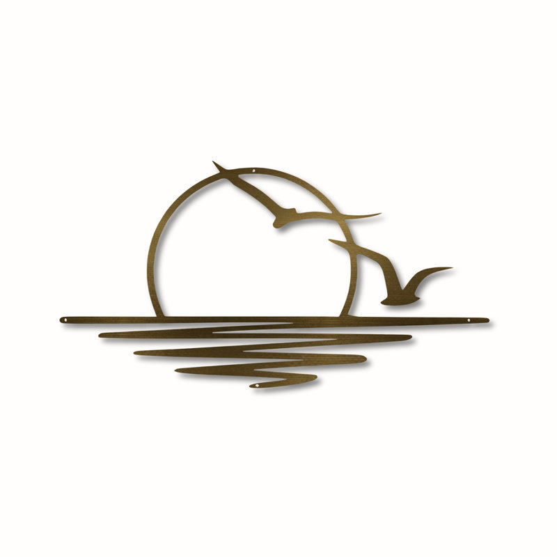 Handcrafted Metal Sunset Wall Art With Birds, Antique Gold Finish, Coastal Modern Decor, Brushed Metal 3D Floating Design