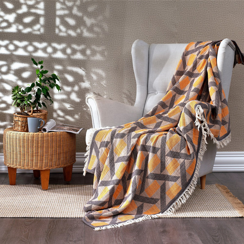 Batholo Jacquard Throw Blanket, Marigold Orange
