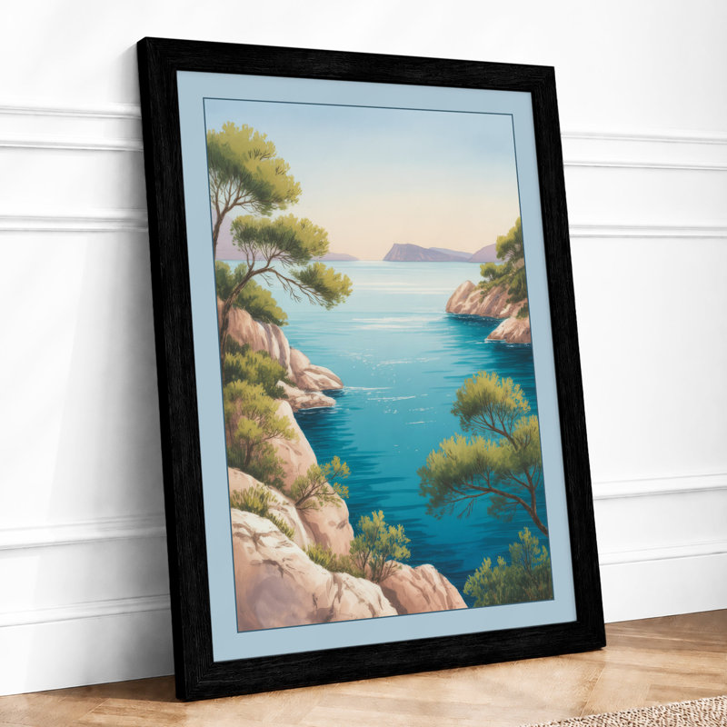 Tranquil Mediterranean Cove Coastal - Framed Print, A2 - 59.4 x 42.0 cm, Black