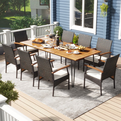 9 Pcs Patio Dining Table Chair Set, 86.5 In. L Dining Table With Umbrella Hole by George Oliver