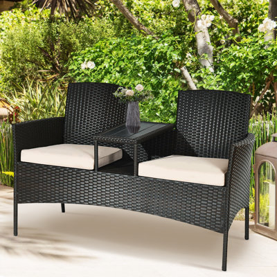 Jaylyn Modern Outdoor Rattan Loveseat with Built-in Coffee Table and Cushions by Zipcode Design