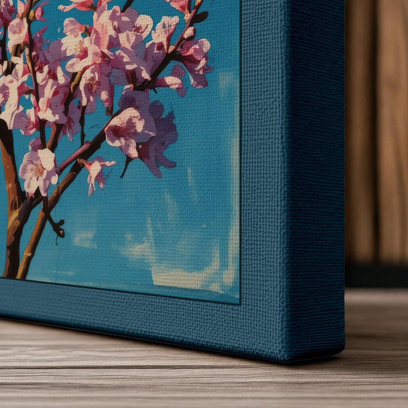 Cherry Blossom Branch Botanical - Wrapped Canvas, 30x20 - 76.2 x 50.8 cm, Teal Border