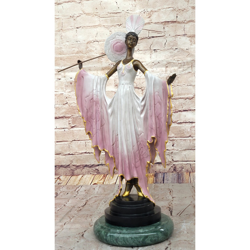 «Fan Lady» par J. Erte, sculpture sur bronze, base en marbre vert, statue