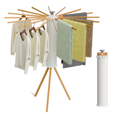 Foldable Clothes Drying Rack Tripod, Floor Standing, 16 Wooden Poles for Laundry
