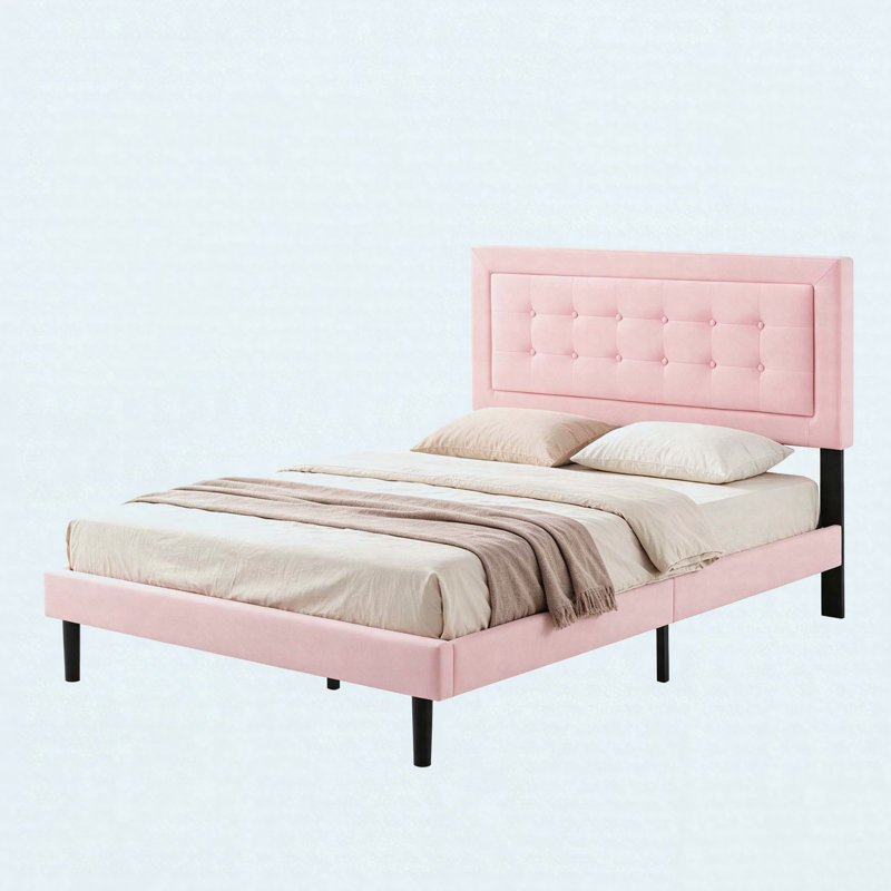 Grand lit plateforme tapissier en tissu grand format, support en lattes de bois massif, facile à assembler, rose, Grand lit