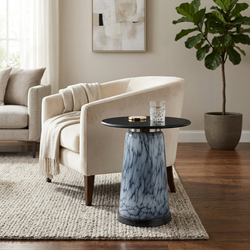 Table d'appoint ronde avec plateau en marbre et base en verre artistique - Table de bout étroite pour le salon ou la chambre à coucher - Mobilier décoratif moderne avec motif tourbillon contemporain - Bleu
