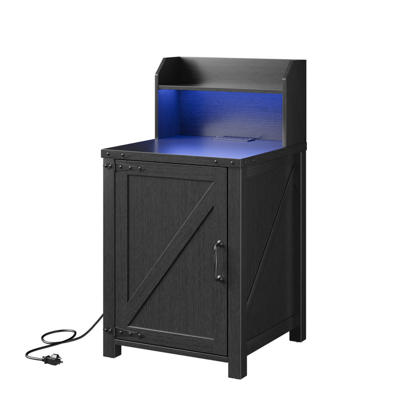 Nightstand With Charging Station, 18 Inch Farmhouse End Table With Barn Door, Rustic Wood Sofa Side Table, Antique Black | Gift Idea