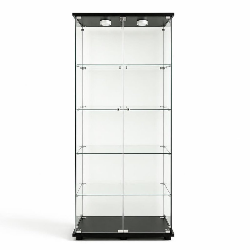 Vitrine à 5 niveaux en verre trempé avec lumières DEL, portes doubles verrouillables, télécommande, dispositif anti-chute et 5 tablettes pour le salon, la chambre à coucher, le bureau ou les collections