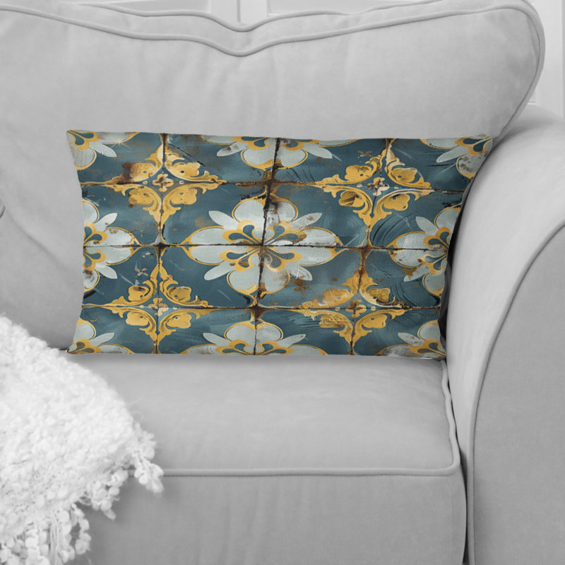 Carrelage rétro bleu poudre et doré II - Coussin Farmhouse, H 12 po x l 20 po, Forme rectangulaire