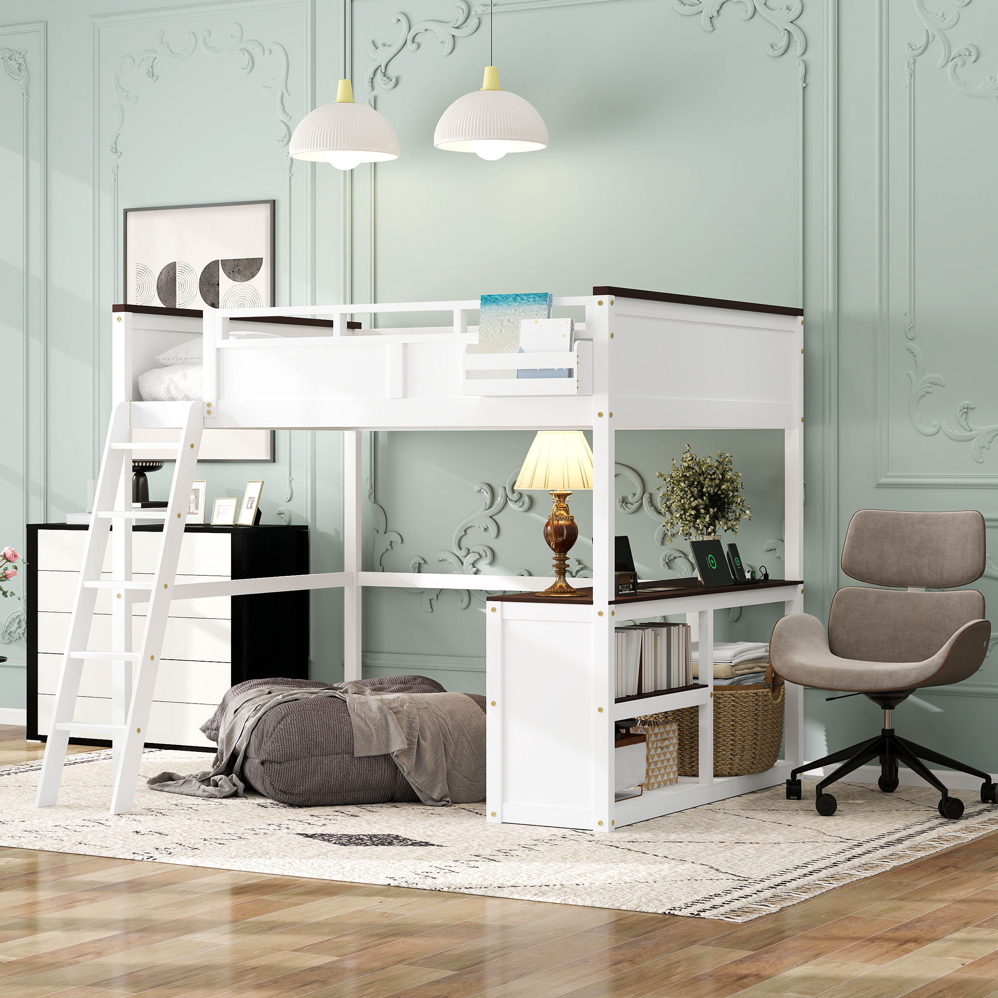 Harriet Bee Queen Loft Bed With Built-In Desk And Charging Station ...