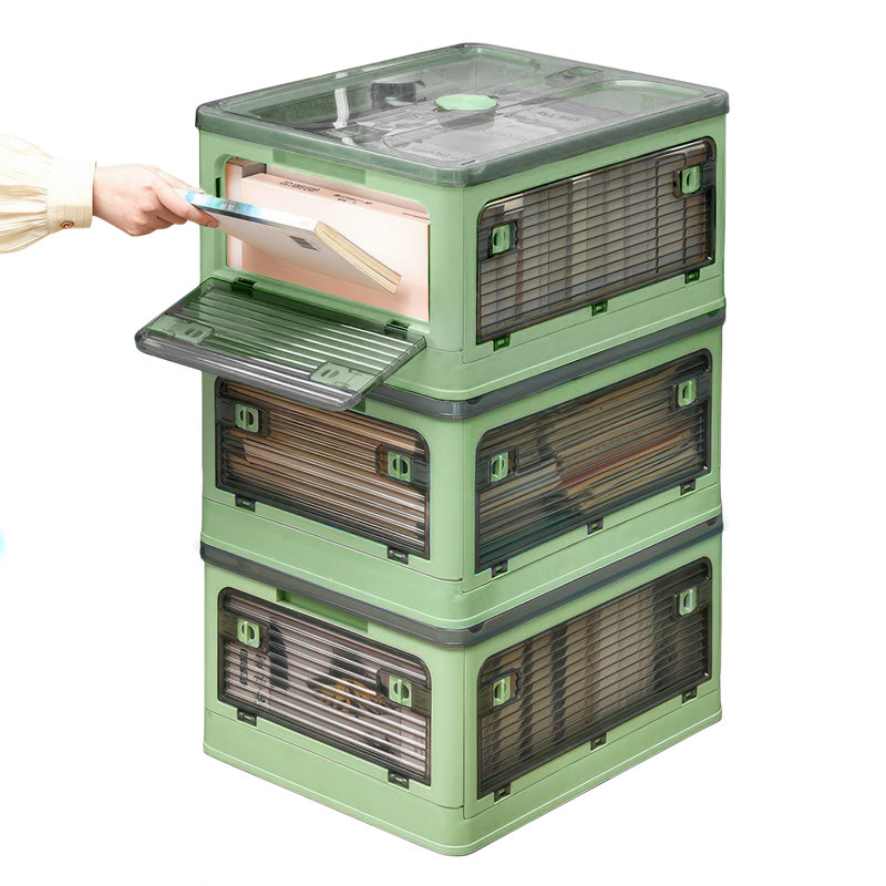 Extra Large Collapsible Storage Box Bin, 5 Side Clear Open Access Stackable w/ Lid, Green