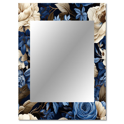 Huang Cobalt Blue Renaissance Roses Victorian Pattern - Floral Large Mirror, Cottage Unique Wall Mirror Decor, Printed Metal Art