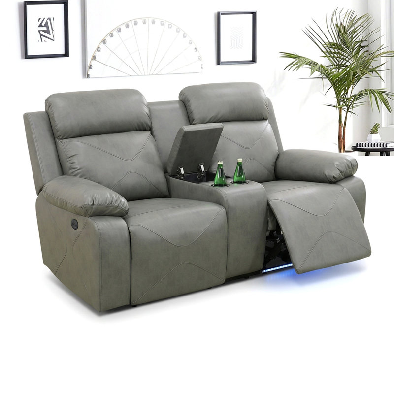 Causeuse inclinable électrique en cuir gris avec charge USB, porte-gobelets et console de rangement, siège de cinéma maison avec lumières DEL pour le salon