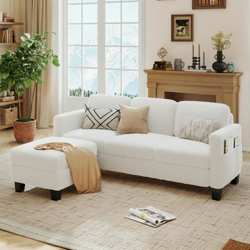67" Upholstered Sofa L-Shaped Sofa Modular Sofa With Storage Reversible Ottoman For Apartments & Small Spaces, White