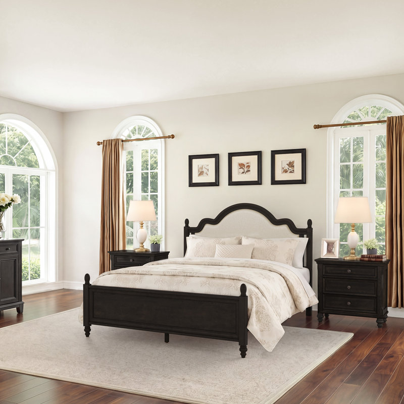 Lit tapissier Mid-Century moderne en bois massif avec tête de lit brun clair, Queen, Noir rétro