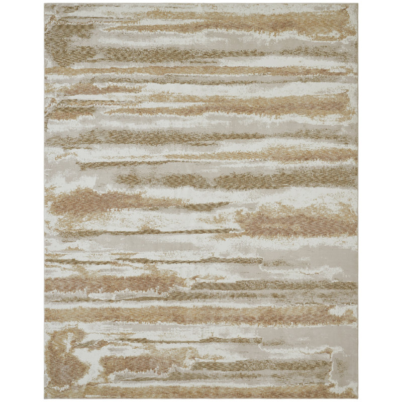 Narooma Ivory Gold Brushstroke Stripe Area Rug, Rectangle 2' x 3'
