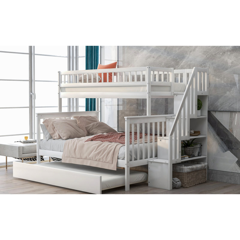 Lit superposé simple au-dessus d'un lit double avec lit gigogne et escalier en blanc - Solution efficace, sécurisée, facile à assembler et à utiliser