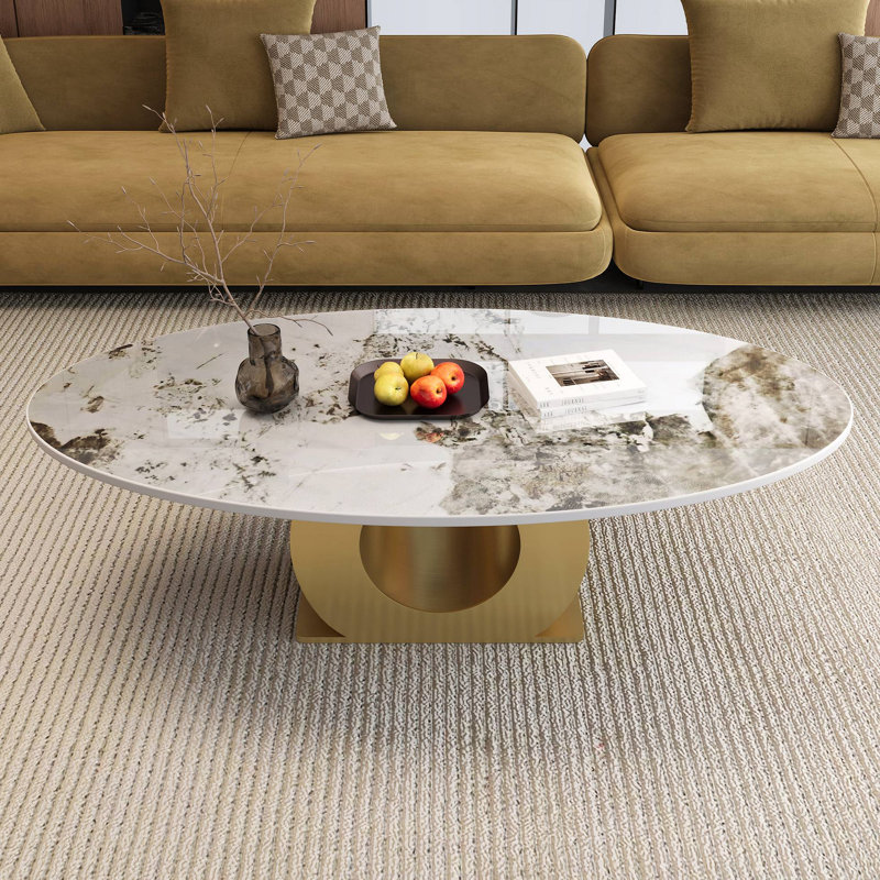 Table basse moderne en pierre frittée ovale avec base en acier inoxydable, table centrale pour le salon