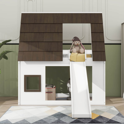 A wooden twin-size house bunk bed featuring a charming roof design