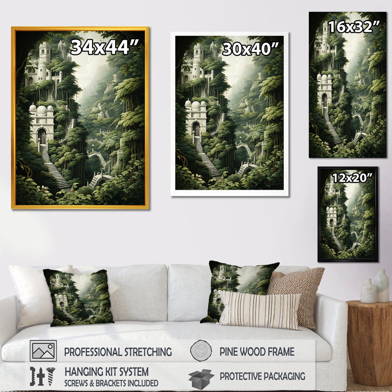 «Hidden Forest Castle Unveilé I», art mural forêt, Toile tendue, H 32 po x l 16 po x P 1 po