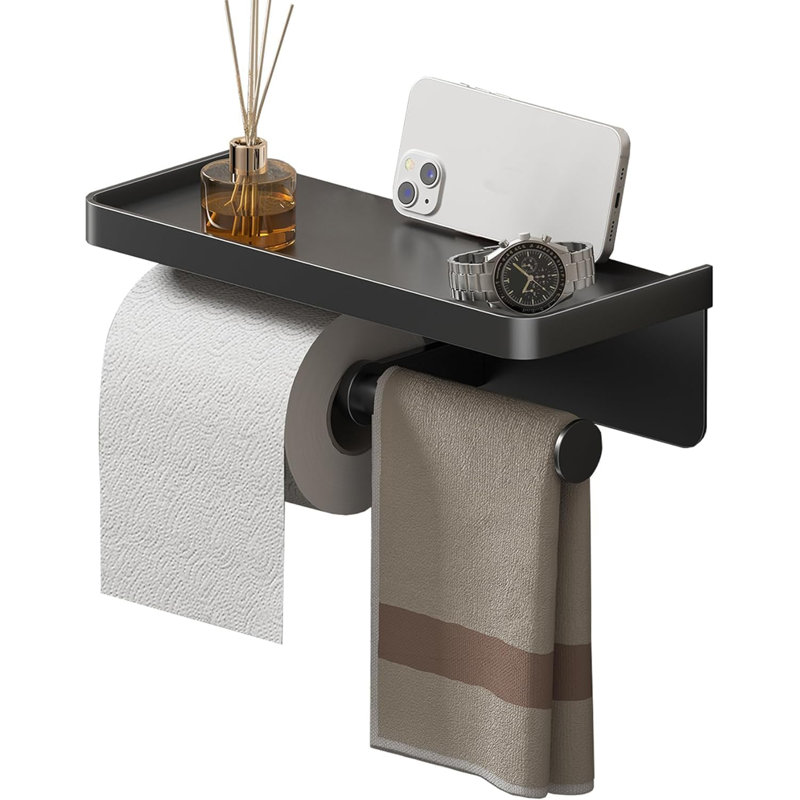 Porte-papier hygiénique double mural en acier inoxydable SUS304 avec tablette de rangement, noir, antidérapant, à 3 compartiments.