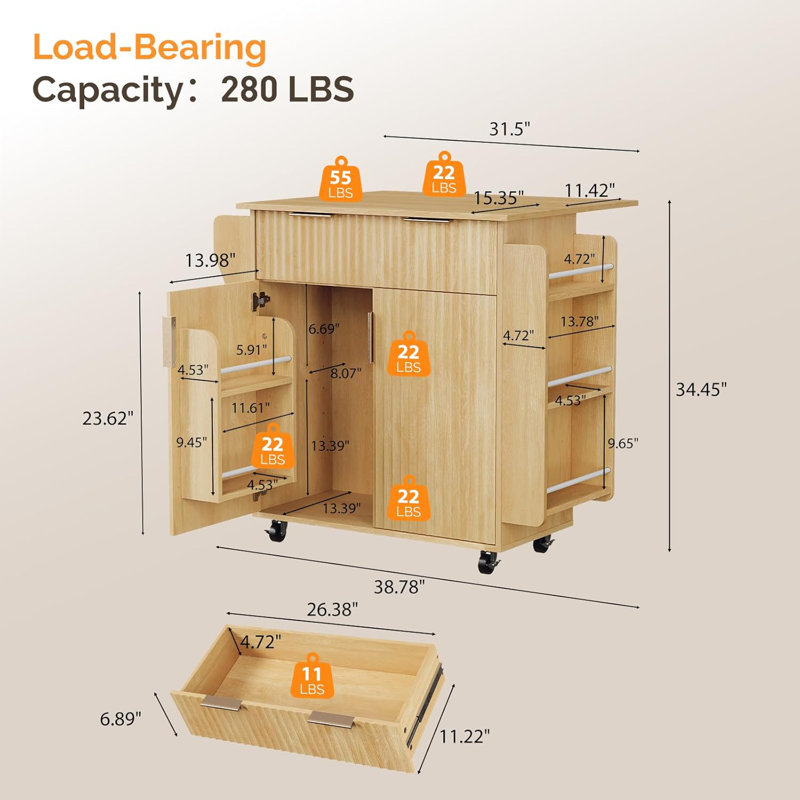 Îlot de cuisine avec rangement, chariot roulant sur roulettes avec abattant pliable, armoire à tiroirs et à portes, chariot de cuisine portatif pour la préparation et l'organisation des repas, chêne