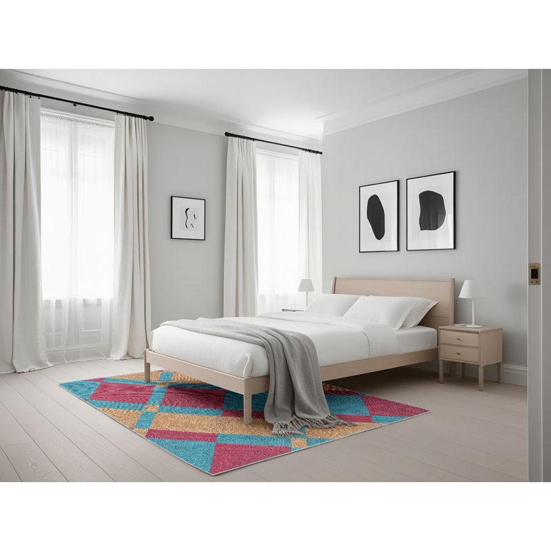Tapis rouge/bleu à motifs, Rectangle 5 pi x 7 pi