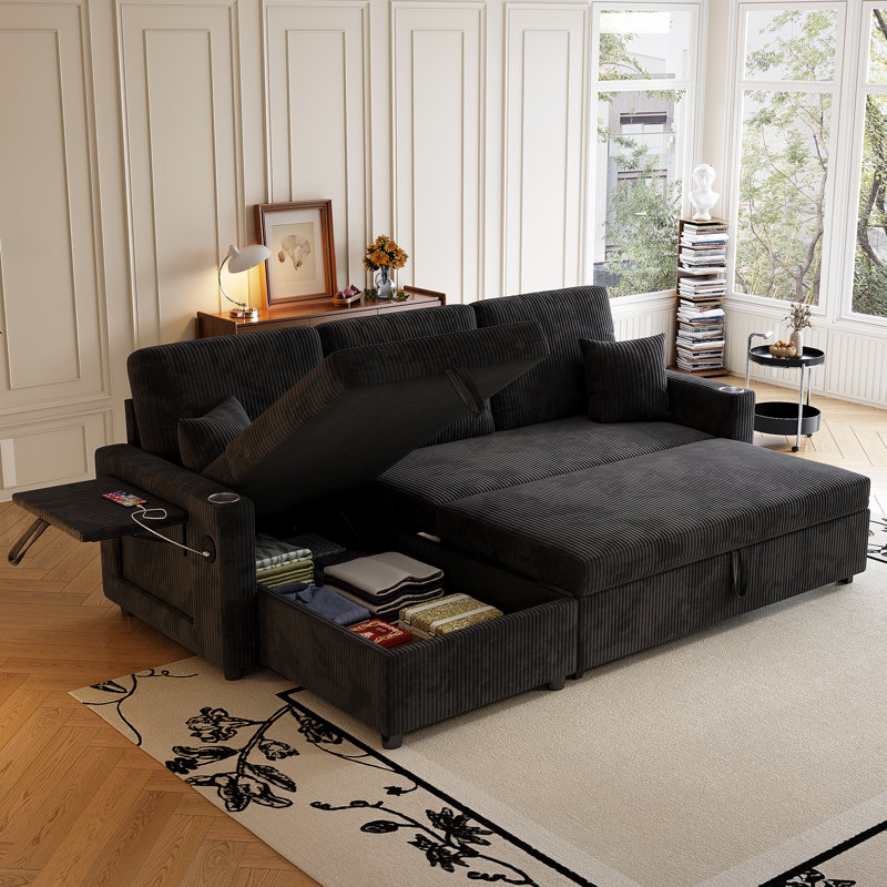 Canapé-lit modulaire convertible de 83 po avec lit escamotable 83 po, canapé en velours côtelé 4 en 1 avec méridienne de rangement et chargement USB, noir