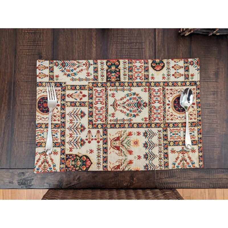 Traditional Persian-Inspired Tapestry Placemat Set –Elegant Woven Table Mats, Beige