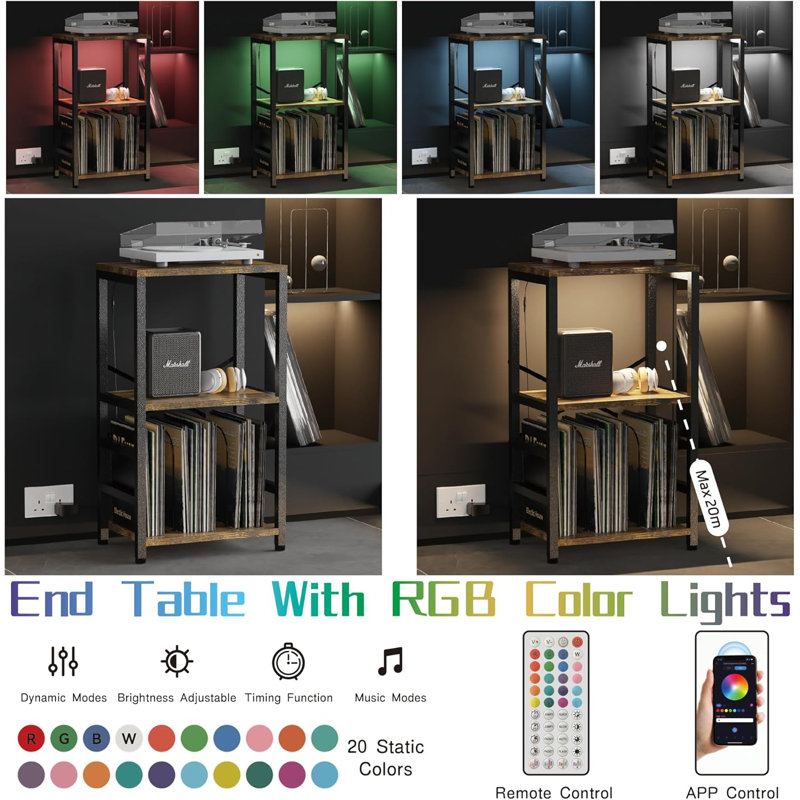 End Table With LED Light,Record Player Stand