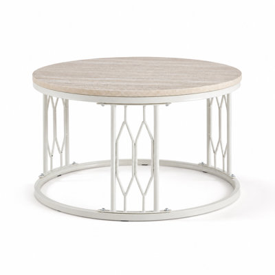 Table basse ronde en panneau de fibres à densité moyenne avec plateau texturé effet pierre faux travertin, pieds de support robustes en métal durable, table d'appoint de salon de style Wabi-Sabi avec surface spacieuse,